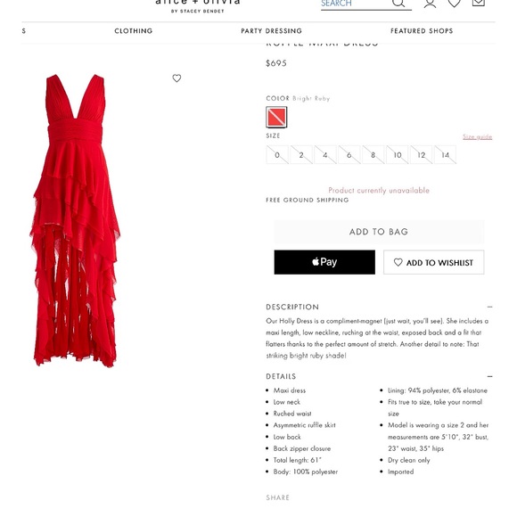 Alice + Olivia Holly Low Neck Asymmetric Ruffle Bright Ruby Red Maxi Dress - Picture 4 of 11